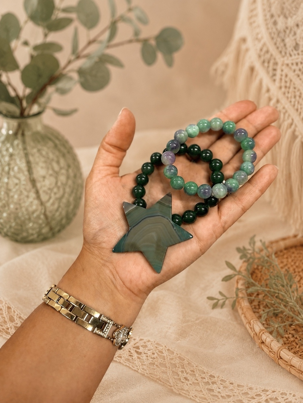 Jade Gemstone Bracelet & Carved Star 3 Piece Set Green Lavender Boho Crystal